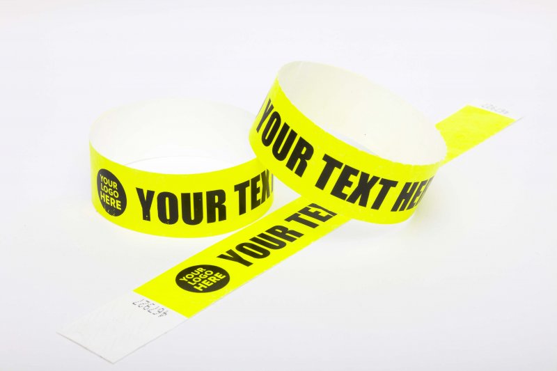 100 Premium Custom Printed Neon Yellow Tyvek Wristbands